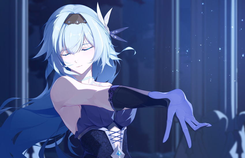 1girl absurdres alternate_costume alternate_hairstyle bare_shoulders black_hairband blue_dress blue_gloves blue_hair breasts closed_eyes closed_mouth cross-laced_clothes cross-laced_dress dress elbow_gloves eula_(genshin_impact) facing_to_the_side from_side genshin_impact gloves hair_between_eyes hair_ornament hairband highres jewelry large_breasts light_particles lipstick long_hair makeup night night_sky outstretched_arm pillar sidelocks sky sleeveless sleeveless_dress solo upper_body via_shinan
