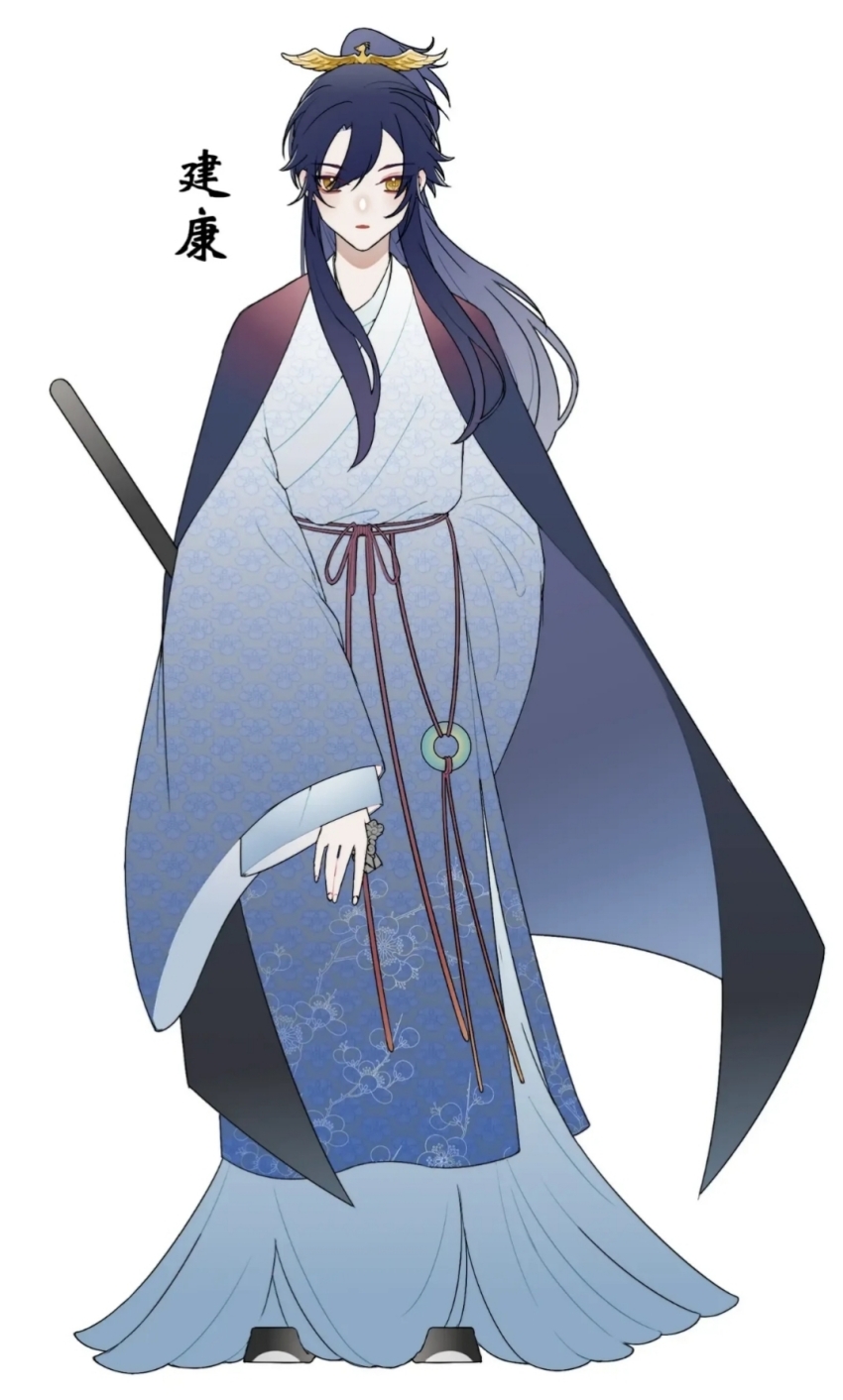 1boy blue_hair cape chinese_clothes chinese_text full_body hair_ornament hanfu highres jade_pendant jiaoling_ruqun long_hair long_sleeves male_focus ponytail qiushiri simple_background solo standing sword weapon white_background wide_sleeves yellow_eyes zhijupao zoom_layer