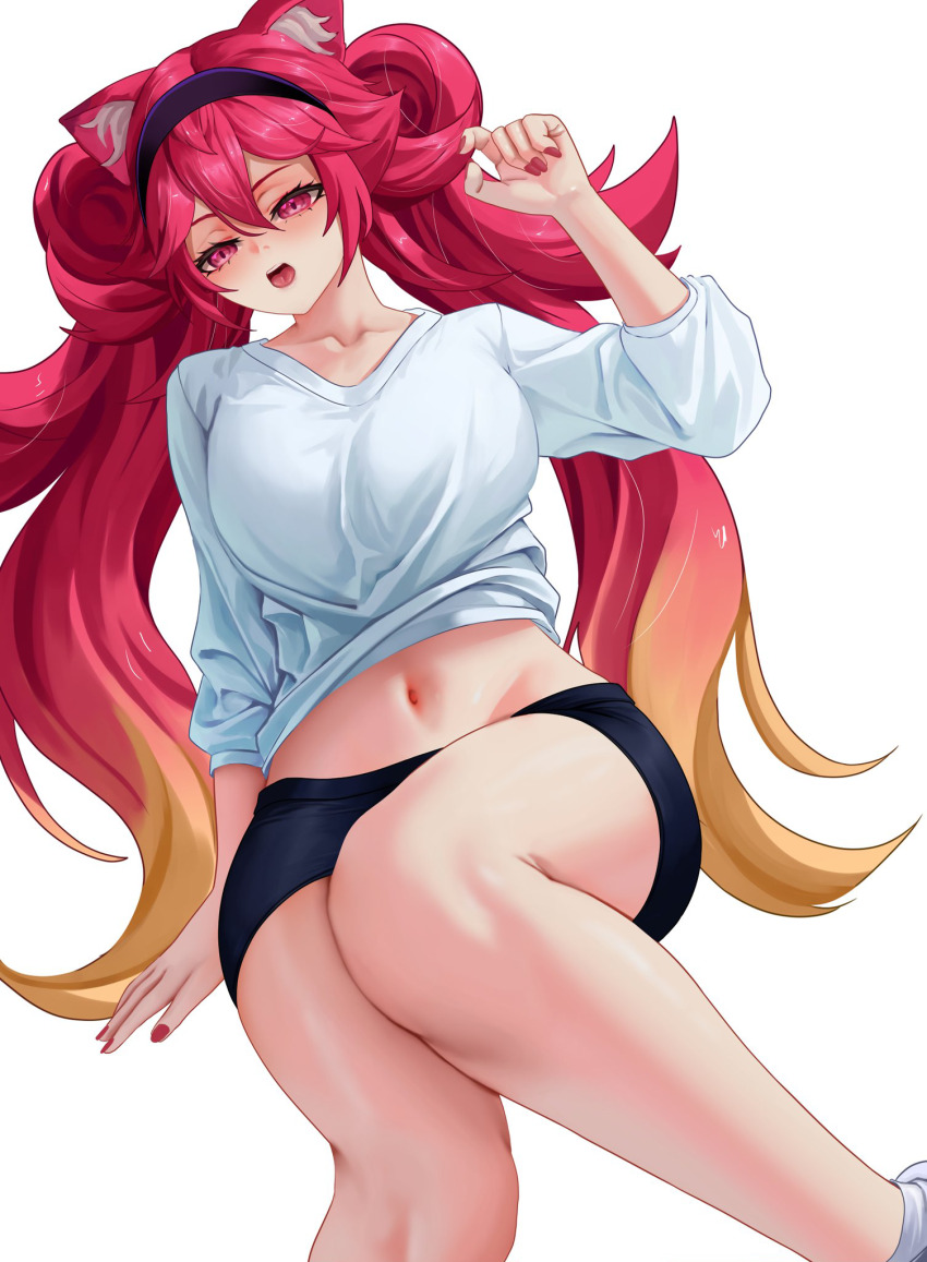 1girl animal_ears arm_at_side bare_legs blue_skirt blush breasts collarbone expressionless feet_out_of_frame female_focus fingernails gradient_hair hairband hand_up highres indie_virtual_youtuber large_breasts lion_ears lion_girl long_fingernails long_hair looking_at_viewer lunaria_ayaren mana_(manasenshou) multicolored_hair nail_polish navel open_mouth orange_hair purple_hairband red_eyes red_hair red_nails shirt sitting skirt solo teeth tongue twintails two-tone_hair upper_teeth_only virtual_youtuber white_shirt