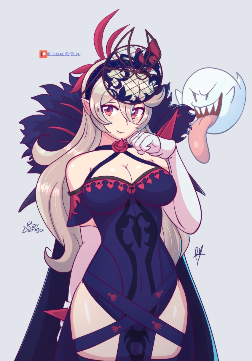 1girl bare_shoulders blue_dress breasts brooch cleavage collar corrin_(female)_(fire_emblem) corrin_(fire_emblem) cosplay costume_switch detached_sleeves dress elbow_gloves fang fang_out fascinator fire_emblem fire_emblem_engage fire_emblem_fates floral_print flower_brooch fur_trim ghost gloves grey_hair hair_ornament hairband halter_dress halterneck highres ivy_(fire_emblem) ivy_(fire_emblem)_(cosplay) large_breasts long_hair looking_at_viewer nintendo pointy_ears raydango red_eyes see-through_clothes see-through_headwear simple_background sleeveless sleeveless_dress smile solo spiked taut_clothes taut_dress thighs thorn_print tongue tongue_out white_gloves white_hair