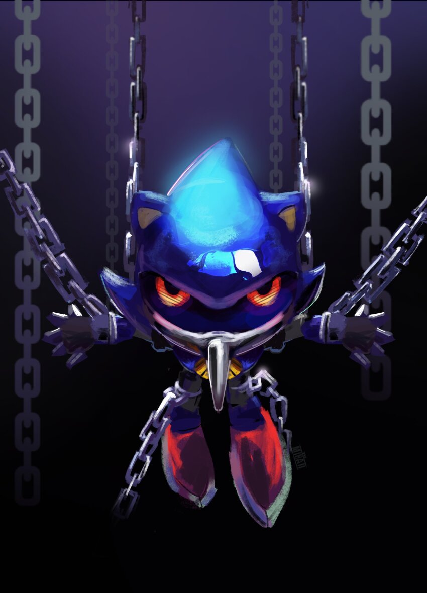 1boy absurdres animal_ears artist_name black_background black_sclera book_cover_redraw bound chain cmihaii colored_sclera commentary cuffs derivative_work english_commentary full_body glowing glowing_eyes gradient_background hedgehog_boy highres humanoid_robot looking_at_viewer male_focus metal_sonic painterly parody purple_background red_eyes red_shoes restrained robot science_fiction shackles shoes simple_background solo sonic_(series) sonic_the_hedgehog_(idw)