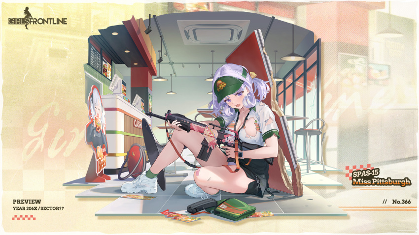 1girl apron bandaid bandaid_on_knee bandaid_on_leg black_apron black_skirt blush booth_seating breasts broken_table broken_window bullet_hole burger cash_register ceiling_light chair character_cutout character_name cleavage collared_shirt commentary copyright_name counter dual-mode_shotgun employee_uniform english_commentary fast_food fast_food_uniform fingernails flyer food franchi full_body girls&#039;_frontline green_bag green_hat green_socks gun hat heart highres holding holding_gun holding_weapon indoors large_breasts looking_at_viewer magazine_(weapon) menu_board official_alternate_costume official_art open_mouth panties pantyshot pump-action_shotgun pump_action restaurant second-party_source semi-automatic_shotgun shadow shirt shoes short_sleeves shotgun skirt socks solo spas-12_(girls&#039;_frontline) spas-15 spas-15_(girls&#039;_frontline) spas-15_(miss_pittsburgh)_(girls&#039;_frontline) table taking_cover tile_floor tiles torn_clothes torn_shirt torn_skirt trigger_discipline u-suke_(supertie) underwear visor_cap waist_apron watch weapon white_panties white_shirt white_shoes wristwatch