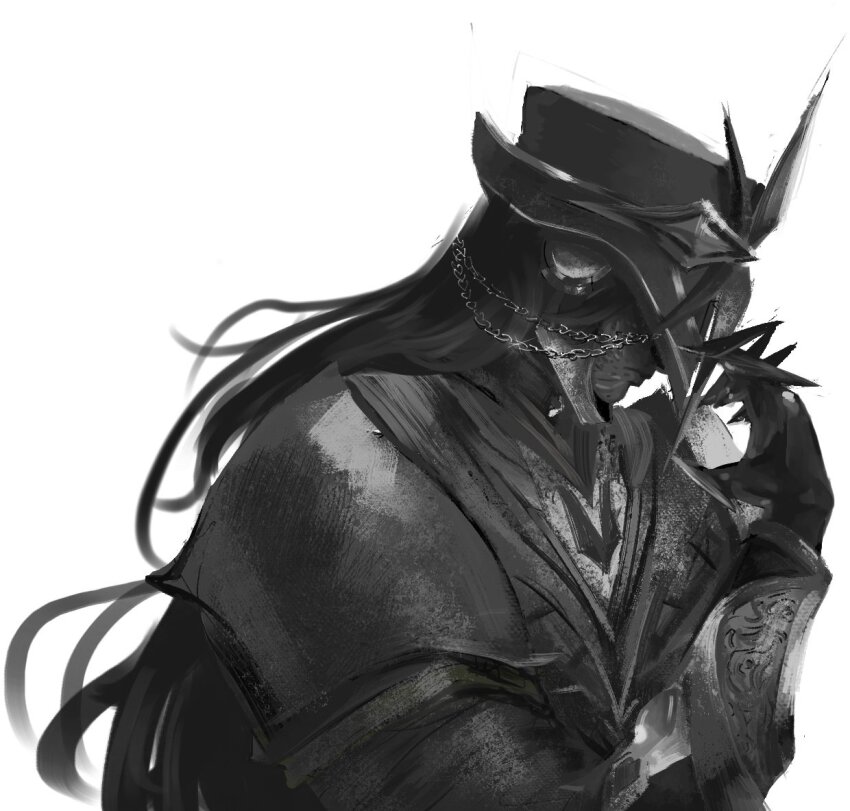 1boy arm_up bluoopop capitano_(genshin_impact) clawed_gauntlets closed_mouth coat commentary english_commentary genshin_impact greyscale helmet long_hair male_focus monochrome obscured_eyes simple_background solo upper_body white_background
