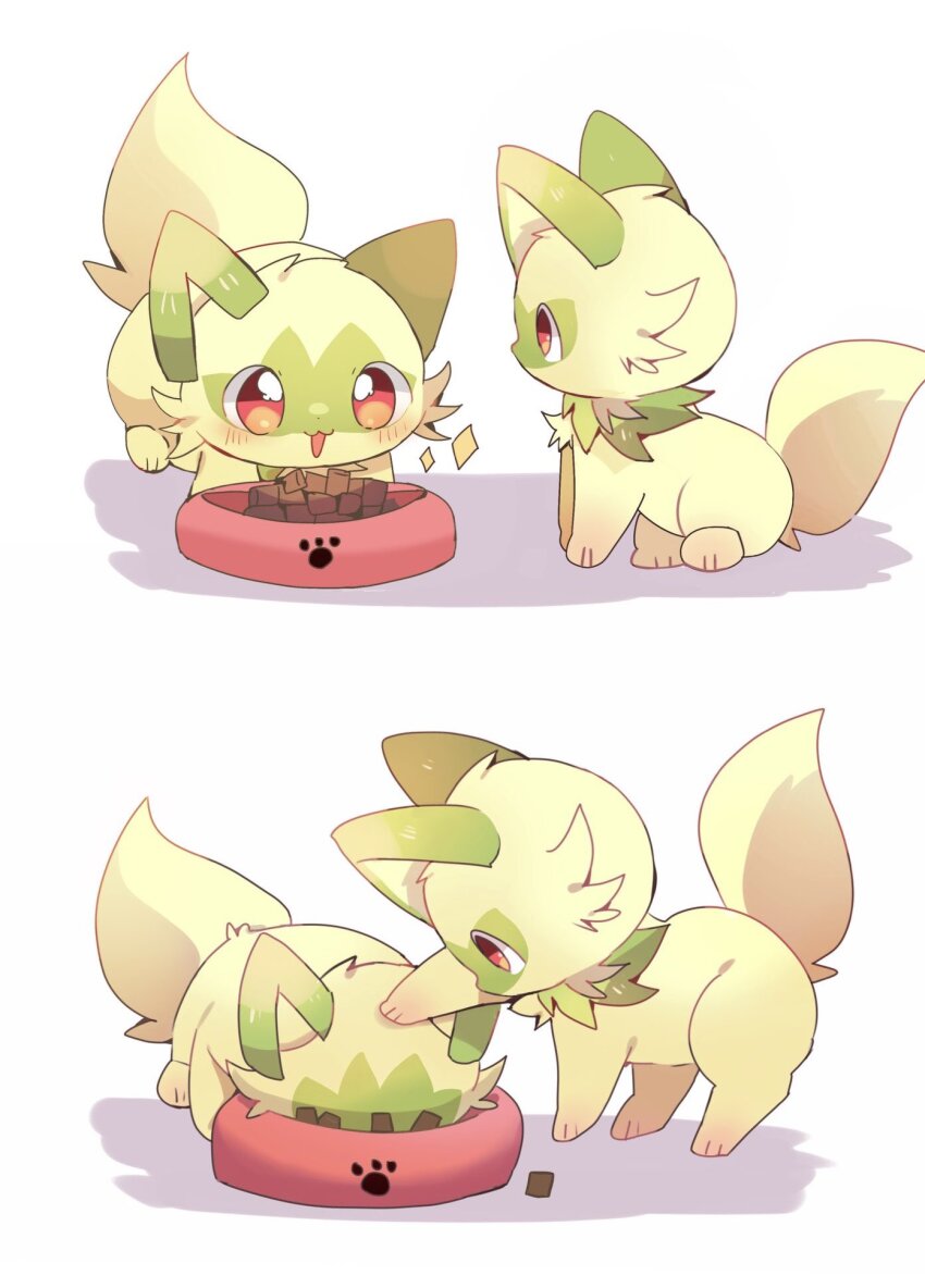 animal_focus blush bowl cat green_fur hand_on_another&#039;s_head happy highres nintendo no_humans open_mouth pet_bowl pet_food pokemon pokemon_(creature) red_eyes sitting smile sprigatito tail white_background yupo_0322