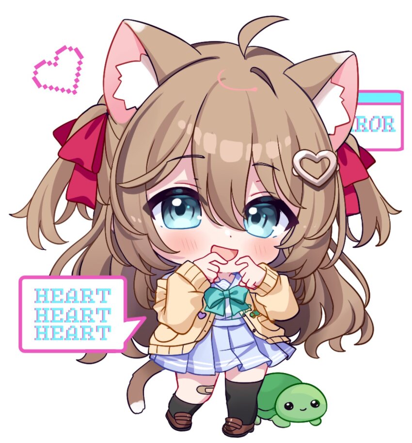 1girl ahoge animal_ears aqua_bow aqua_bowtie asymmetrical_legwear bandaid bandaid_on_leg black_socks black_thighhighs blue_eyes blue_sailor_collar blue_skirt blush bow bowtie brown_hair cardigan cat_ears cat_girl cat_tail chibi chocola_vt commentary dress_shirt english_commentary full_body hair_between_eyes hair_ribbon heart highres loafers long_hair long_sleeves looking_at_viewer neuro-sama open_cardigan open_clothes open_mouth pleated_skirt red_ribbon ribbon sailor_collar shirt shirt_tucked_in shoes simple_background single_sock single_thighhigh skirt socks speech_bubble standing tail thighhighs two_side_up uneven_legwear vedal987 vedal_ai virtual_youtuber white_background white_shirt yellow_cardigan