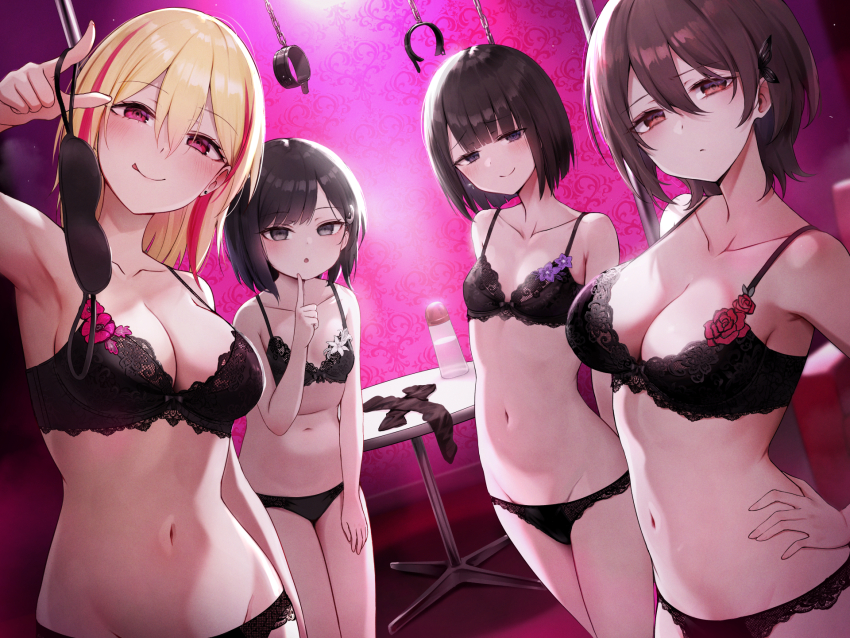 4girls ahoge armpits bare_shoulders black_bra black_hair black_panties blonde_hair blush bow bow_bra bow_panties bra braid breasts brown_eyes brown_hair cleavage closed_mouth collarbone earrings eyepatch hair_between_eyes hand_on_own_hip highres jewelry kai_(esugi) lace lace-trimmed_bra lace-trimmed_panties lace_trim large_breasts licking_lips lingerie long_hair looking_at_viewer lotion_bottle medium_breasts mole mole_under_eye multicolored_hair multiple_girls navel original panties parted_lips pink_eyes red_eyes red_hair short_hair small_breasts smile standing stomach streaked_hair tongue tongue_out underwear underwear_only unworn_eyepatch