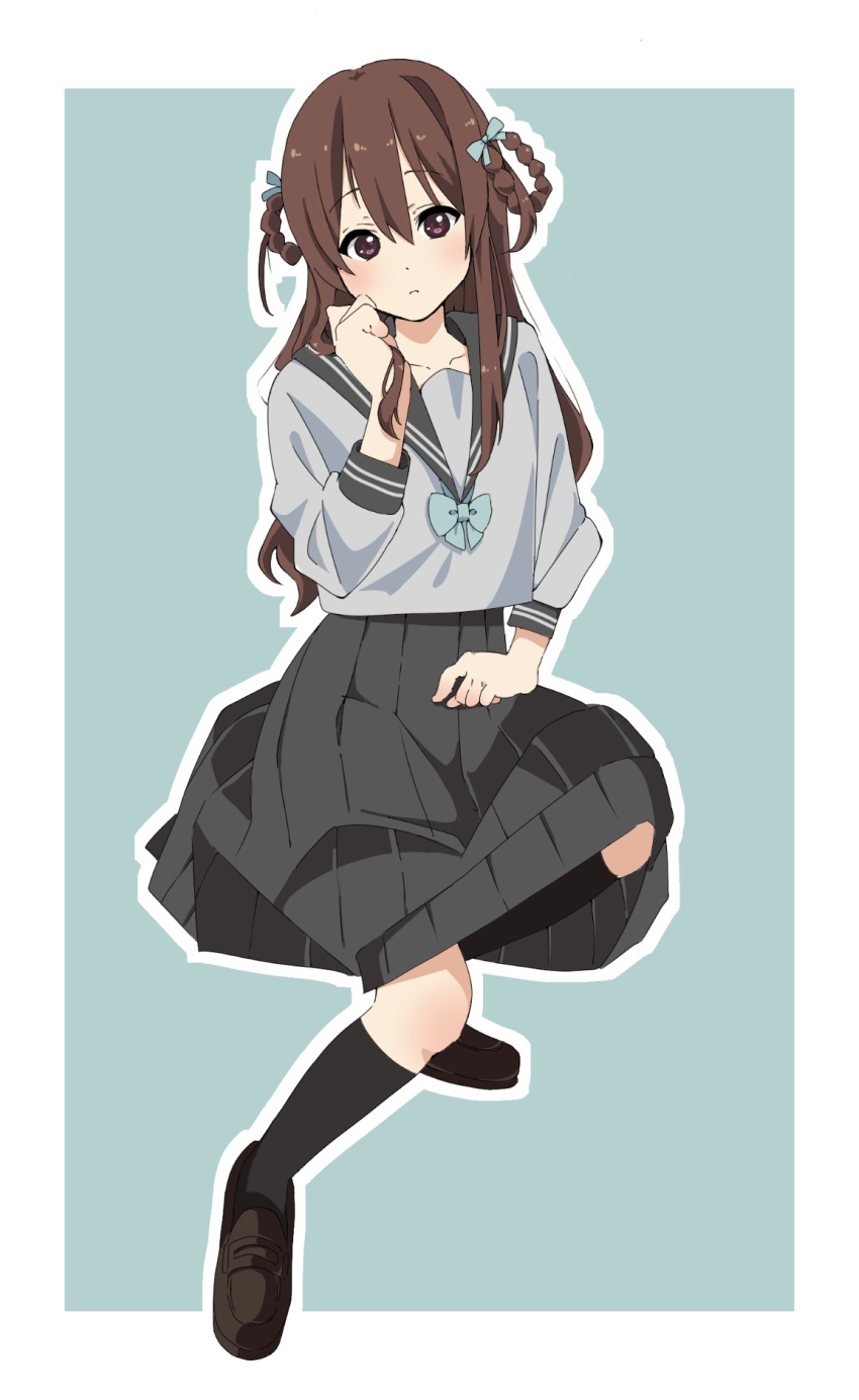 1girl 22/7 aqua_background aqua_bow aqua_bowtie black_sailor_collar black_skirt black_socks blush border bow bowtie braid braided_hair_rings brown_eyes brown_hair brown_shoes collarbone full_body hair_between_eyes hair_bow hair_rings highres holding holding_own_hair loafers long_hair long_sleeves looking_at_viewer pleated_skirt sailor_collar school_uniform serafuku shirt shoes sidelocks skirt socks solo tachikawa_ayaka tanpaku_(oqu_2) twin_braids two_side_up white_border white_shirt