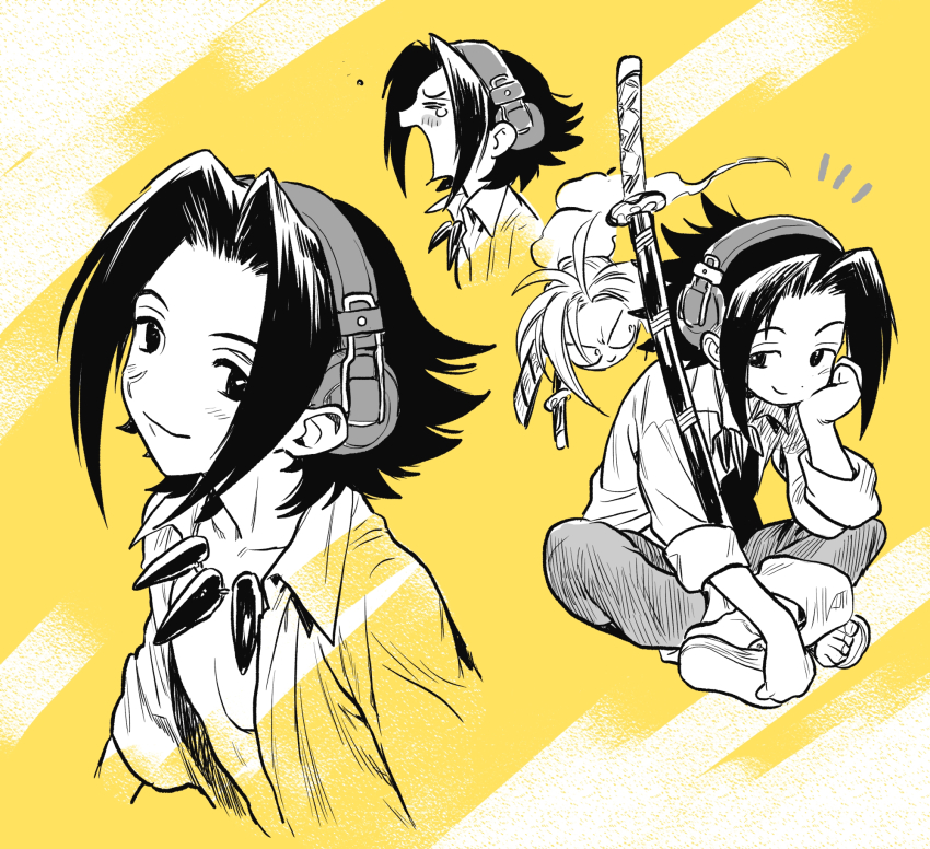 2boys amidamaru asakura_yoh butterfly_sitting closed_mouth ghost hand_on_own_face headphones highres jewelry katana multiple_boys necklace nitako open_clothes open_mouth open_shirt pants partially_colored sandals shaman_king sitting sword weapon yawning yellow_background