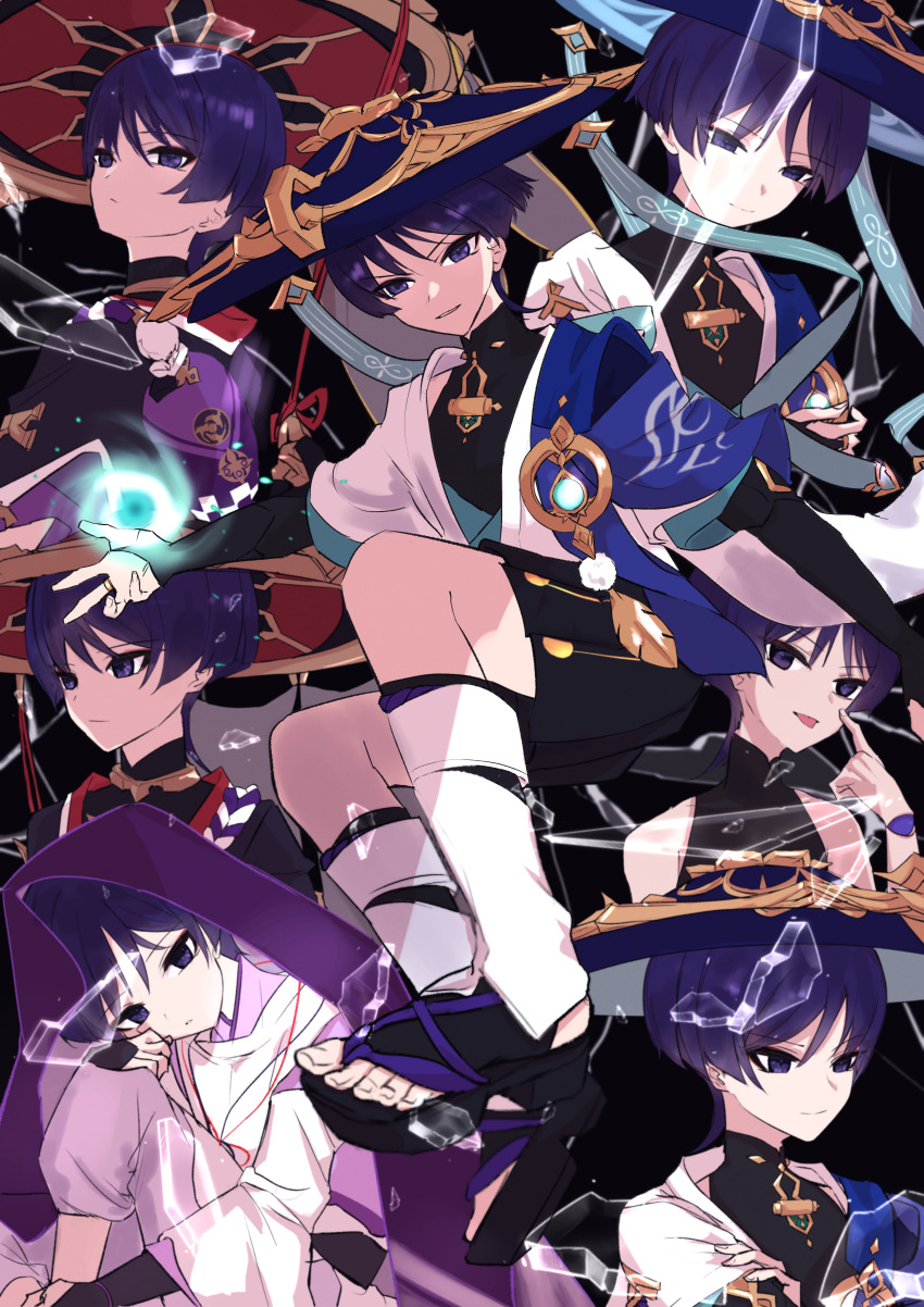 153107 3boys absurdres akanbe armor black_background black_bodysuit black_bridal_gauntlets black_leggings black_sandals black_shorts black_sleeves blue_gemstone blue_hat blue_kimono blunt_ends bodysuit bridal_gauntlets closed_mouth clothing_cutout crossed_arms doll_joints empty_eyes eyelid_pull eyeliner eyeshadow fatui_logo feathers finger_to_cheek gem genshin_impact glass_shards gold gold_ring hakama hakama_shorts hand_on_own_arm hand_on_own_knee hat head_tilt highres holding holding_jewelry index_finger_raised japanese_armor japanese_clothes jewelry jingasa joints kariginu kimono knee_up kote kurokote layered_kimono layered_sleeves leg_warmers leggings looking_at_viewer looking_to_the_side makeup mandarin_collar middle_ring multiple_boys multiple_persona multiple_views open_clothes open_kimono outstretched_arm pants pleated_shorts pom_pom_(clothes) purple_bag purple_eyes purple_hair purple_kimono purple_pants purple_rope purple_sleeves purple_veil red_eyeliner red_eyeshadow red_hat rope sandals scaramouche_(genshin_impact) scaramouche_(kabukimono)_(genshin_impact) shimenawa short_sleeves shorts shoulder_cutout shoulder_peek smile smirk split_mouth toenails toes tongue tongue_out tsurime turtleneck turtleneck_bodysuit v-shaped_eyebrows veil vision_(genshin_impact) vortex wanderer_(genshin_impact) white_kimono white_leg_warmers white_rope white_sleeves white_trim wind yellow_feathers zouri
