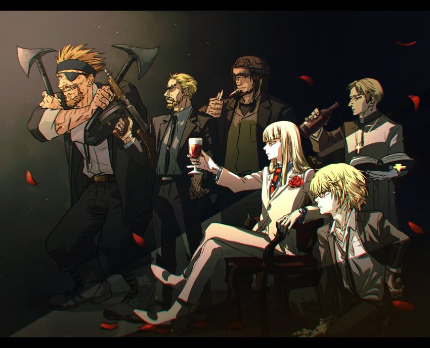 6+boys alcohol alternate_costume androgynous armchair askeladd axe beard belt belt_buckle bible bjorn_(vinland_saga) black_headwear black_suit blue_eyes blunt_bangs boots bottle brown_eyes brown_hair buckle canute chair cigarette closed_mouth collar collarbone contemporary cross crossed_legs cup drinking_glass dual_wielding eyepatch facial_hair flower formal_clothes grin gun headband highres holding holding_drinking_glass kneeling long_hair male_focus messy_hair multiple_boys mustache necktie orange_hair parted_lips petals priest profile red_flower red_rose rose shoes short_hair sidelocks sitting smile smoking spiked_hair spring_deers suit teeth thorfinn thorkell vinland_saga weapon white_suit willibald_(vinland_saga) wine wine_glass wing_collar