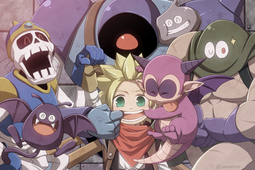 1boy bad_id bad_pixiv_id blonde_hair blue_gloves blush brown_gloves dragon_quest dragon_quest_builders_2 dracky closed_eyes facing_viewer gloves green_eyes gremlin_(dragon_quest) hood hood_(dragon_quest) killing_machine_(dragon_quest) liquid_metal_slime_(dq) looking_at_viewer male_builder_(dqb2) monster mouth_pull muscular pointy_ears purple_gloves red_scarf robot samoimo scar scarf skeleton skeleton_(dragon_quest) spiked_hair tail teeth tongue tongue_out upper_body