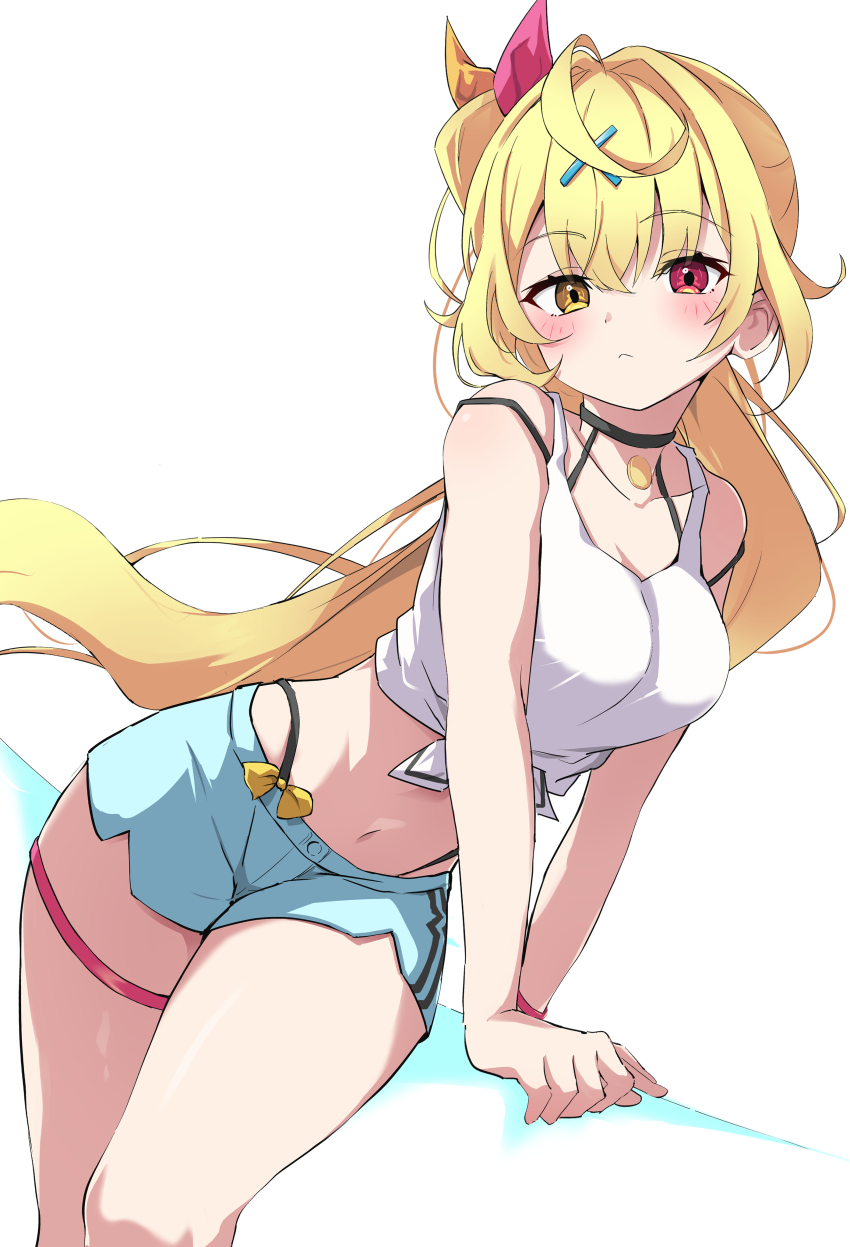 1girl absurdres arm_support blonde_hair blush breasts closed_mouth commentary_request fumi_(fumibeing) hair_intakes hair_ornament heterochromia highleg highres hoshikawa_sara hoshikawa_sara_(1st_costume) jacket leaning_to_the_side long_hair looking_at_viewer medium_breasts midriff nail_polish navel nijisanji red_eyes shirt shorts side_ponytail soles solo tank_top teeth thigh_strap thighs tied_shirt upper_teeth_only virtual_youtuber white_background white_shorts white_tank_top x_hair_ornament yellow_eyes