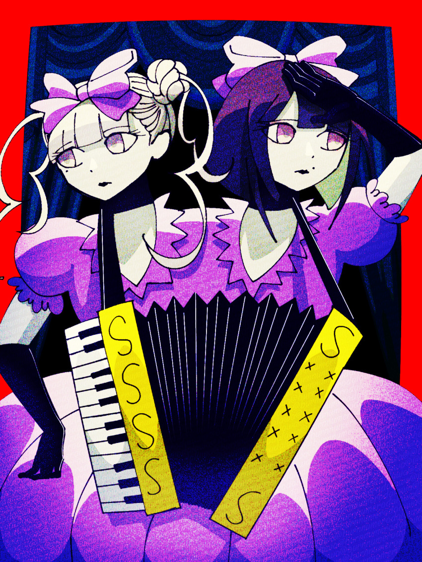 1boy 1girl accordion black_gloves bow brother_and_sister burnnumerodalawa conjoined dark_background dress gloves hair_bow highres instrument purple_dress siblings spotlight the_hundred_line_-last_defense_academy- tsukumo_ima tsukumo_kako twins