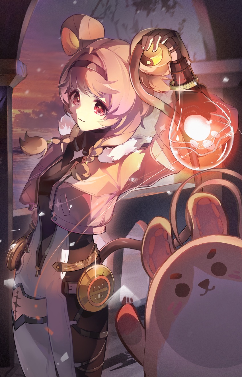 1girl :3 absurdres black_gloves black_hairband black_shirt bodysuit breasts brown_hair chinese_commentary closed_mouth commentary_request cropped_jacket fingerless_gloves fur-trimmed_jacket fur_trim gloves hairband highres holding_own_tail huqu_(huqu45712) jacket light_bulb looking_at_viewer lumi_(wuthering_waves) mechanical_tail medium_hair open_clothes open_jacket pink_jacket red_eyes shirt single_leg_bodysuit small_breasts solo star_(symbol) star_in_eye symbol_in_eye tacet_mark_(wuthering_waves) tail thighs white_bodysuit wuthering_waves