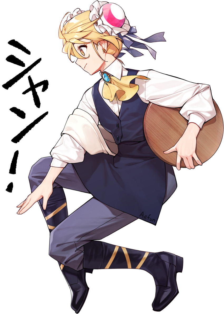 absurdres acfun acfun_girl apron ascot black_boots blonde_hair blue_apron blue_bow blue_vest boots bow brooch bun_cover ciciya double_bun earrings footwear_ribbon from_side grey_pants hair_between_eyes hair_bow hair_bun highres holding holding_tray jewelry jumping katakana knee_boots leather leather_boots long_sleeves looking_down official_art outstretched_arm pants profile ribbon shirt sound_effects towel towel_on_arm tray vest waist_apron waistcoat waitress white_background white_shirt wooden_tray yellow_ascot yellow_eyes yellow_ribbon