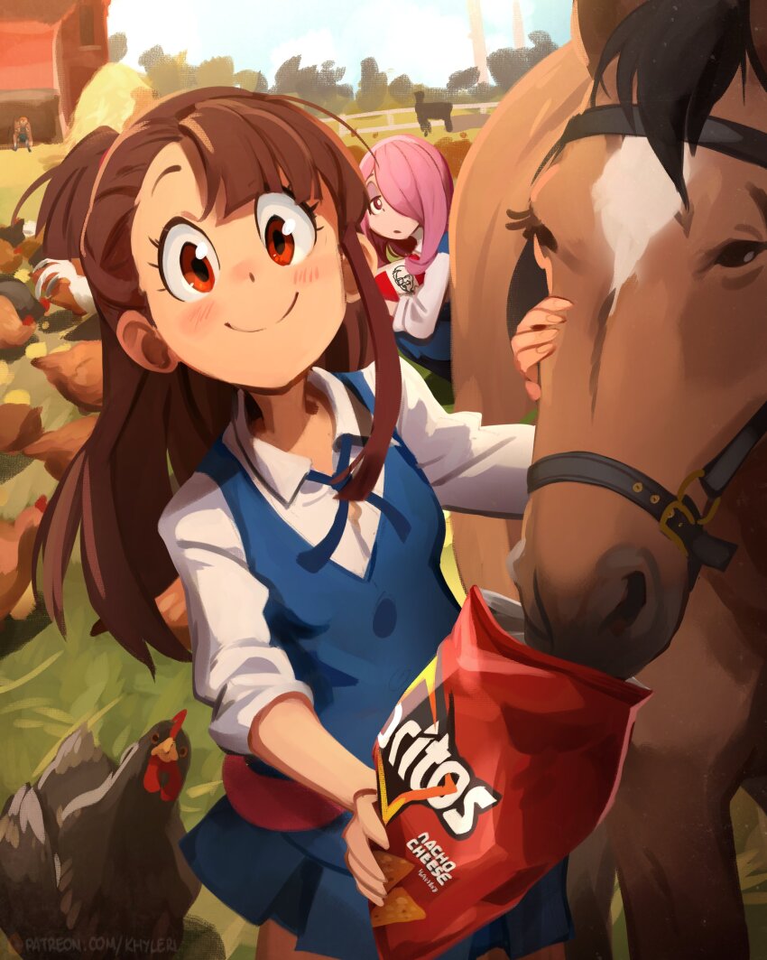 3girls absurdres animal bird blush brown_hair chicken closed_mouth doritos farm hair_over_one_eye highres horse kagari_atsuko kfc khyle. little_witch_academia long_hair looking_at_viewer lotte_jansson multiple_girls neck_ribbon outdoors pink_hair ribbon shirt skirt smile sucy_manbavaran white_shirt wing_collar