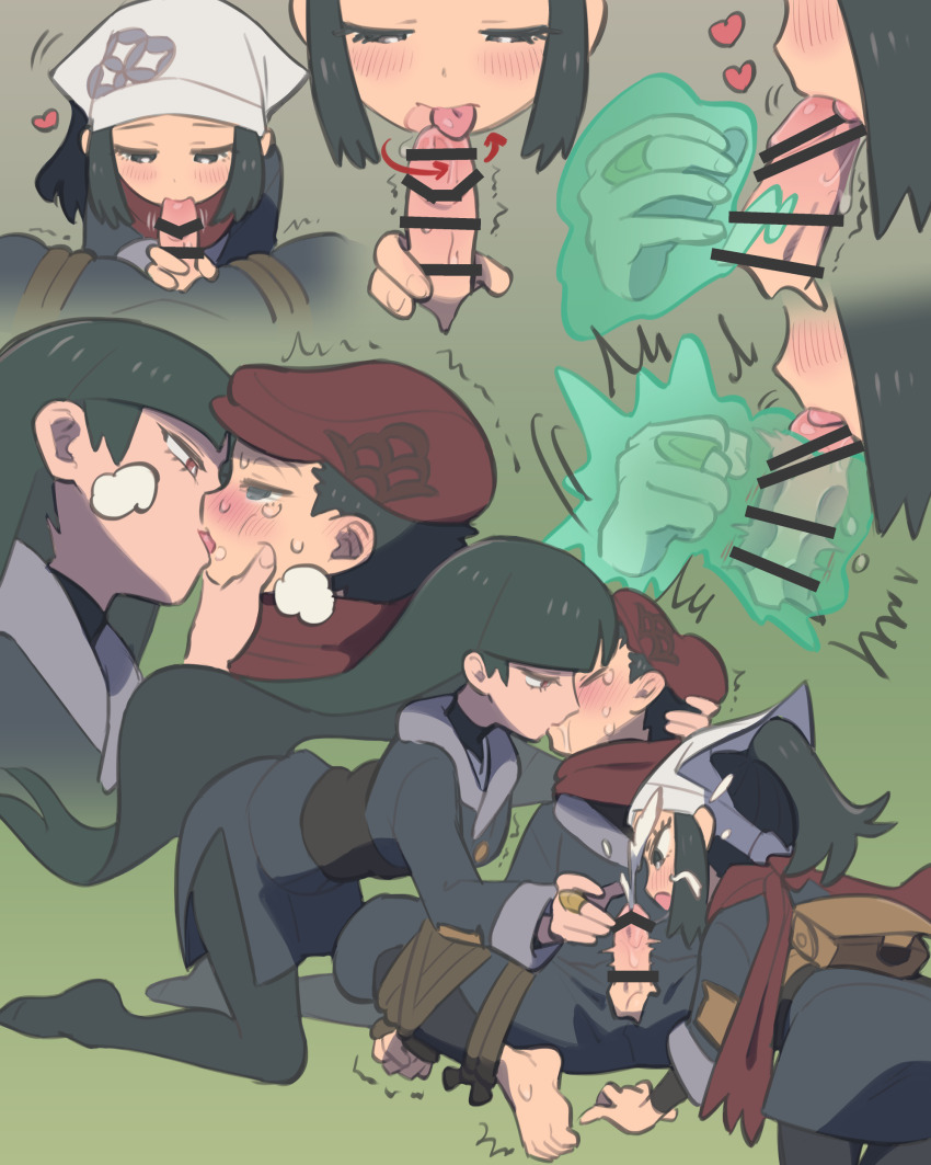 1boy 2girls absurdres akari_(pokemon) bar_censor black_eyes black_hair brown_eyes censored commentary_request commission cum ejaculation fellatio ffm_threesome galaxy_expedition_team_survey_corps_uniform glans_licking group_sex headscarf highres just_the_tip kinni kiss loli long_hair multiple_girls nintendo oral penis pixiv_commission pokemon pokemon_legends:_arceus pokemon_lgpe ponytail projectile_cum rei_(pokemon) restrained sabrina_(pokemon) short_hair shota threesome