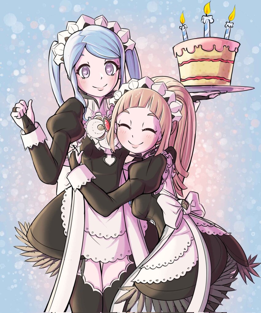 2girls ^_^ affectionate apron arched_bangs black_dress blue_hair bridal_gauntlets cake closed_eyes closed_mouth commentary dress el_pan_frances english_commentary eyelashes felicia_(fire_emblem) fire_emblem fire_emblem_fates flora_(fire_emblem) food gem high_ponytail highres holding holding_plate hug leaning_forward maid multiple_girls nintendo pink_hair plate ponytail purple_eyes red_gemstone smile standing twintails white_apron