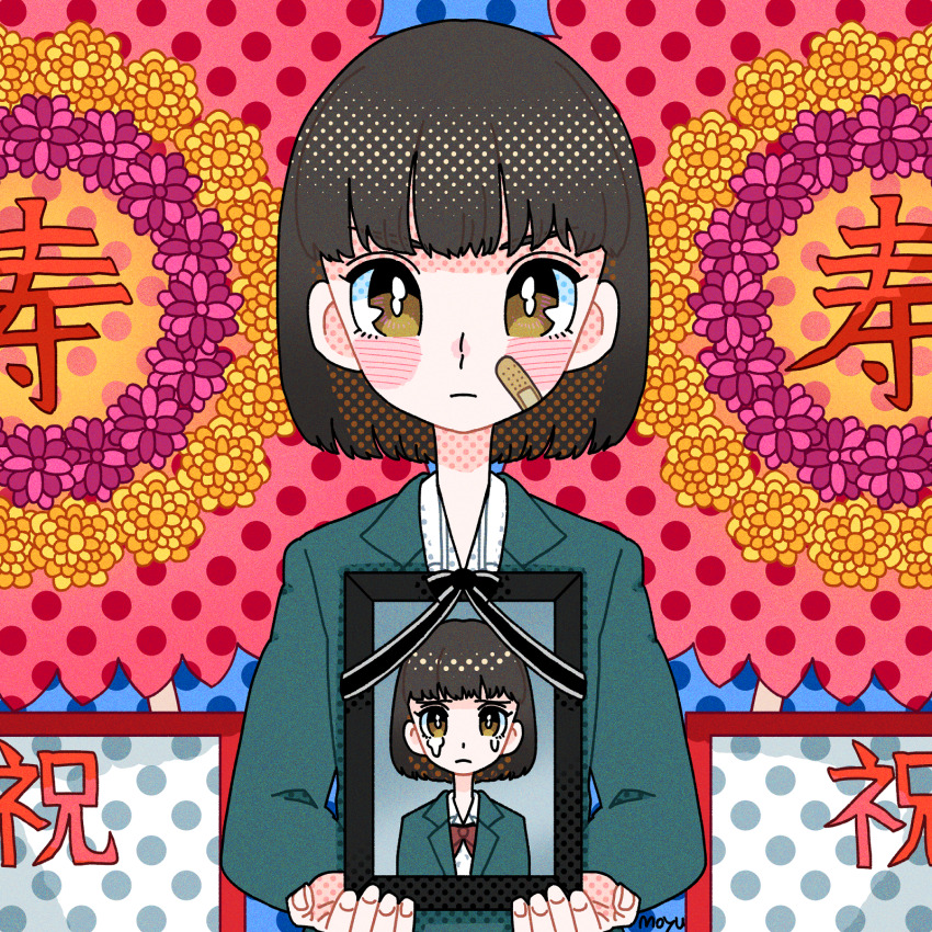 1girl bandaid bandaid_on_face bow brown_eyes brown_hair closed_mouth crying fingernails flower fujishima_moyu funeral grey_jacket highres holding holding_photo iei jacket long_sleeves looking_at_viewer original photo_(object) polka_dot polka_dot_background red_bow school_uniform shirt short_hair translation_request white_shirt
