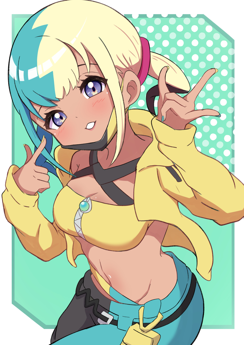 1girl absurdres aqua_background aqua_hair aqua_nails aqua_pants bandeau black_hair black_mask black_pants blonde_hair blue_eyes blush breasts canari_(pokemon) cleavage commentary dark-skinned_female dark_skin fingernails highres jacket long_sleeves looking_at_viewer mask mask_pull medium_breasts mouth_mask multicolored_hair nail_polish navel nintendo pants pokemon pokemon_legends:_z-a polka_dot polka_dot_background rono_(lethys) smile solo two-tone_mask two-tone_pants yellow_bandeau yellow_jacket yellow_mask