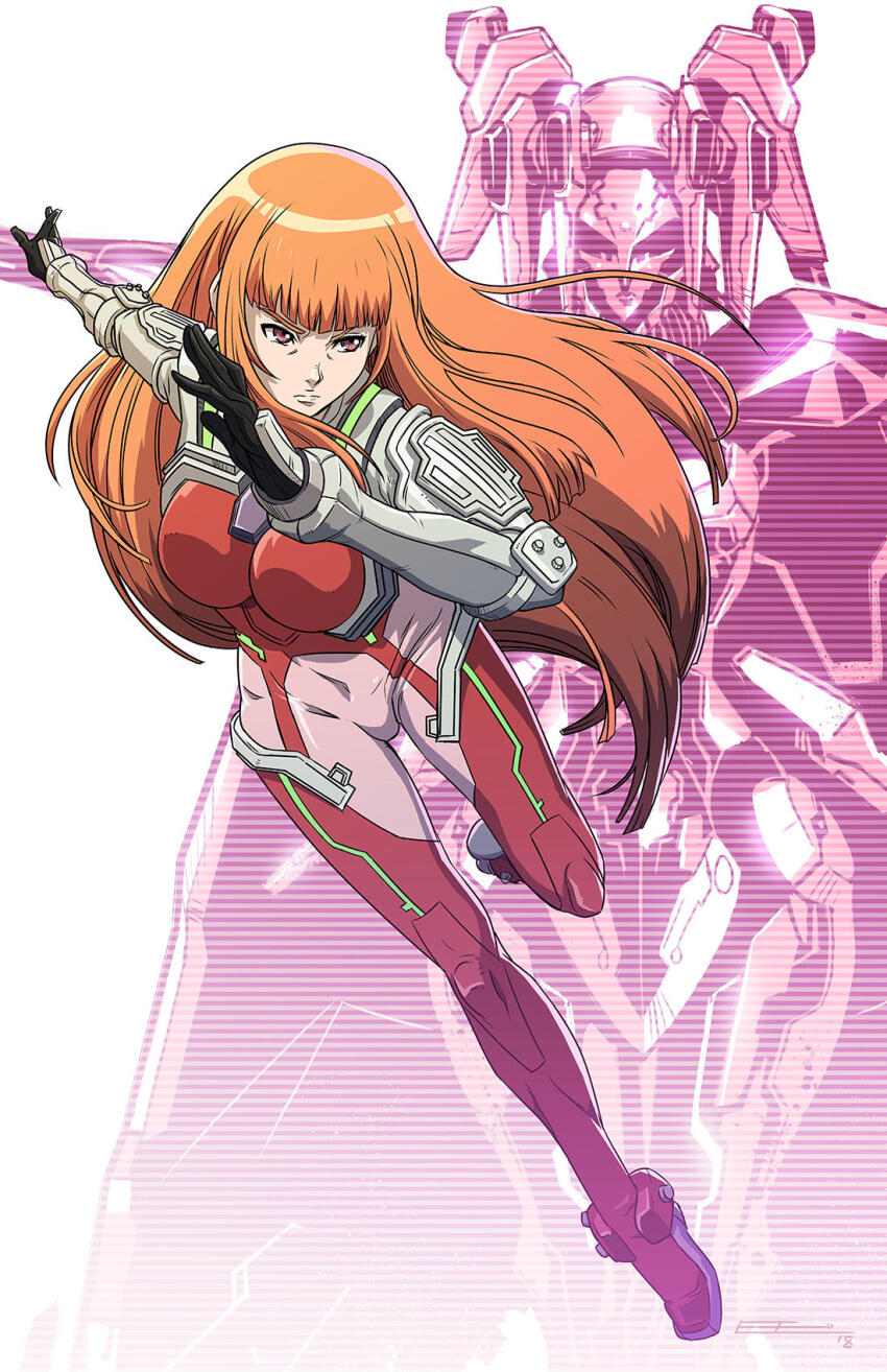 1girl ardjet black_gloves blunt_bangs bodysuit breasts brown_hair covered_navel emilio_lopez full_body gloves highres hime_cut ken_marinaris long_hair mecha red_bodysuit red_eyes robot serious solo white_background zone_of_the_enders_2