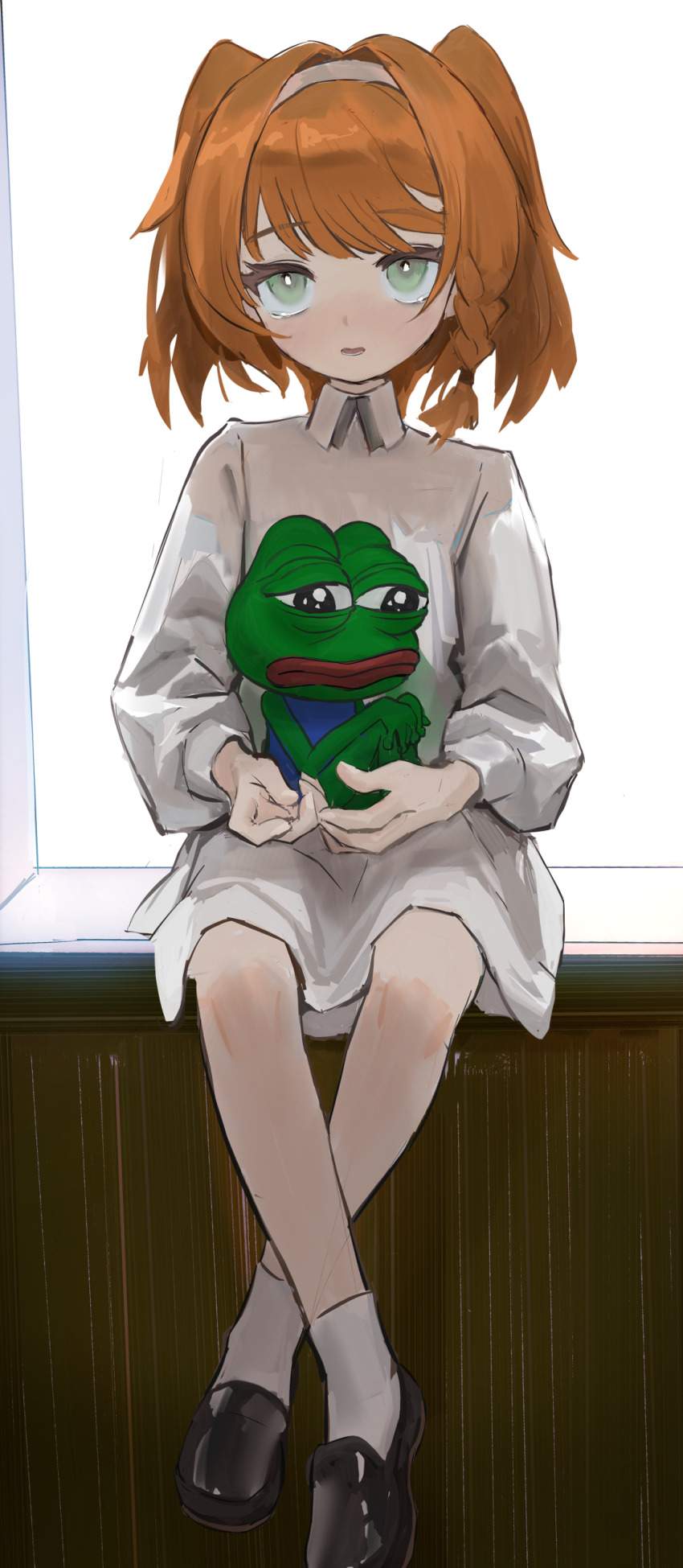 1girl absurdres aged_down animal animal_on_hand asymmetrical_sidelocks black_footwear braided_sidelock collared_dress crossed_ankles dress frog full_body green_eyes hairband highres holding holding_animal long_sleeves open_mouth orange_hair pepe_the_frog reverse:1999 short_dress short_hair sitting socks solo sonetto_(reverse:1999) straight-on suso199 tearing_up two_side_up white_background white_dress white_hairband white_socks
