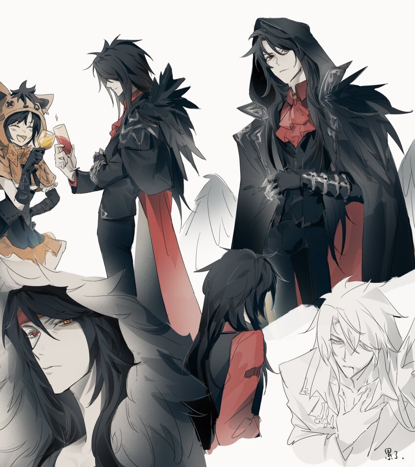 1boy 1girl animal_hood ascot black_cloak black_feathers black_gloves black_hair black_pants capelet clawed_gauntlets cloak closed_eyes cosplay cup drinking_glass feather_trim feathers final_fantasy final_fantasy_vii final_fantasy_vii_ever_crisis gloves hand_on_own_chest highres holding holding_cup hood hood_up hooded_capelet lily_(shio1006) long_hair official_alternate_costume open_mouth orange_capelet orange_skirt pants red_ascot red_eyes red_shirt red_xiii red_xiii_(cosplay) shirt short_hair skirt smile two-sided_cloak two-sided_fabric vest vincent_valentine vincent_valentine_(crowmaster_suit) vincent_valentine_(stray_dog) waistcoat white_background wine_glass yuffie_kisaragi yuffie_kisaragi_(nanaki_mantle)