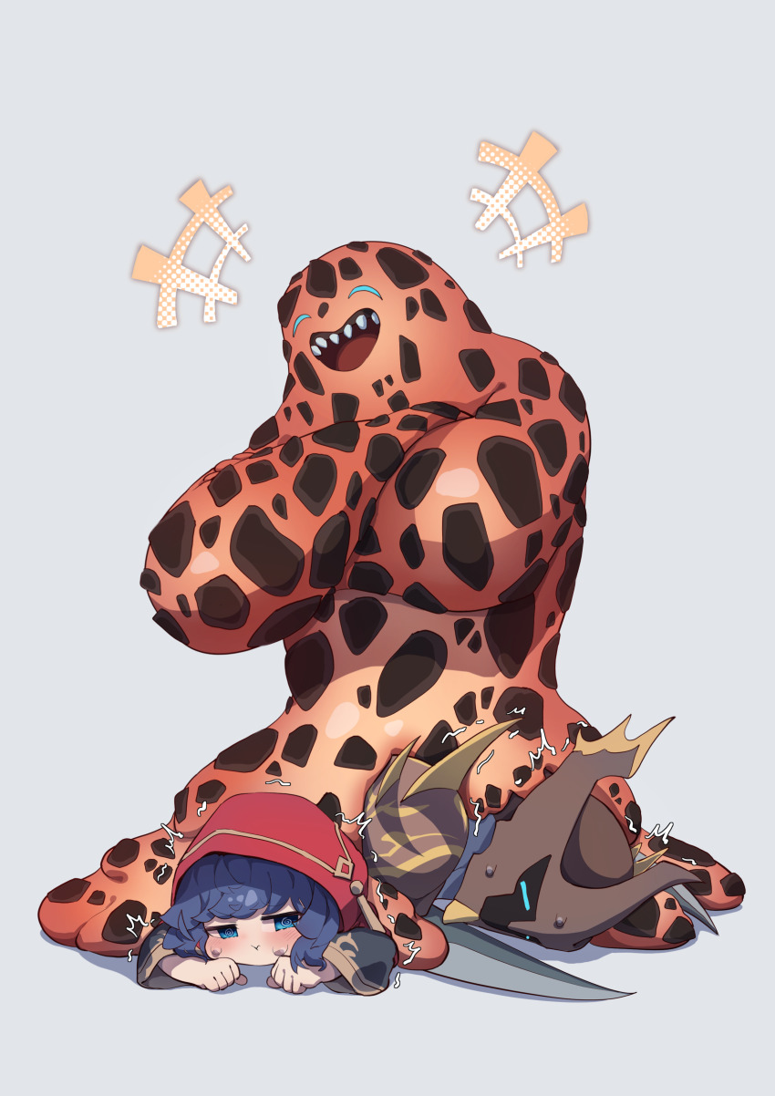 1girl 2boys absurdres arm_blade c_civciv chibi duel_monster full_body gameplay_mechanics golem grey_background highres laughing lava lava_golem_(yu-gi-oh!) lo_the_prayers_of_the_voiceless_voice multiple_boys red_hood sharp_teeth skull_guardian_protector_of_the_voiceless_voice smile teeth weapon yu-gi-oh!