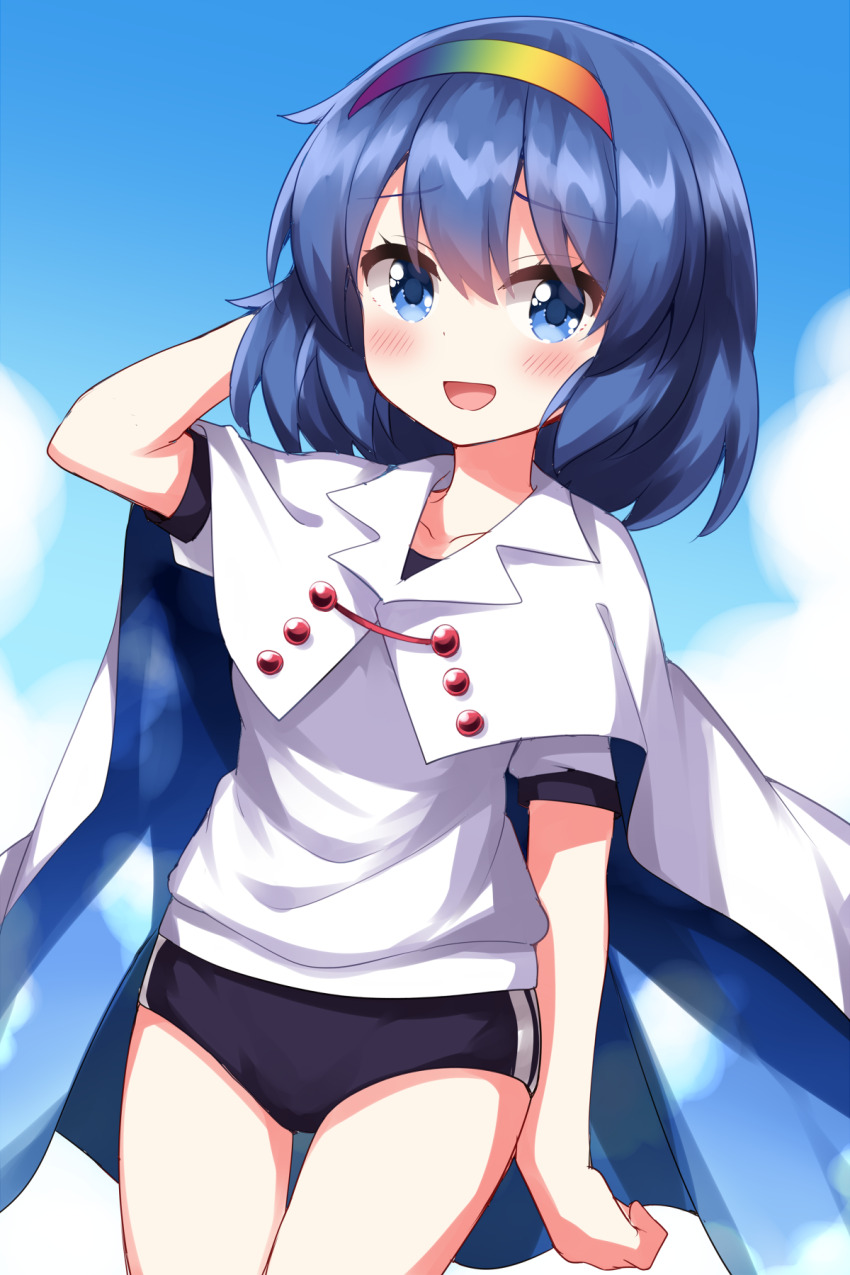 1girl :d alternate_costume arm_behind_head black_buruma blue_eyes blue_hair blush buruma cape collarbone commentary_request cowboy_shot dot_nose eyes_visible_through_hair gym_uniform hair_between_eyes hairband highres looking_at_viewer medium_hair multicolored_hairband open_mouth print_cape rainbow_gradient rainbow_hairband ruu_(tksymkw) shirt sky_print smile solo split_mouth standing tenkyuu_chimata touhou two-sided_cape two-sided_fabric white_cape white_shirt