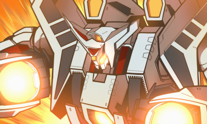 glowing hades_project_zeorymer highres jazz_jack mecha no_humans orange_background robot super_robot tagme upper_body zeorymer