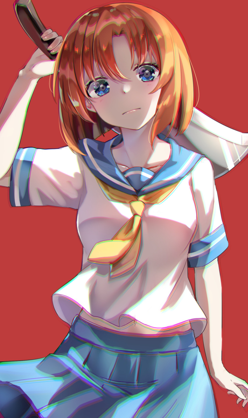 1girl absurdres blue_eyes blue_skirt chromatic_aberration cowboy_shot hair_between_eyes hashitsuki_nata hatchet highres higurashi_no_naku_koro_ni holding holding_hatchet holding_weapon nata_(tool) orange_hair over_shoulder pleated_skirt red_hair ryuuguu_rena school_uniform serafuku short_hair short_sleeves simple_background skirt solo weapon weapon_over_shoulder wind yellow_neckwear yuunamida_uyu
