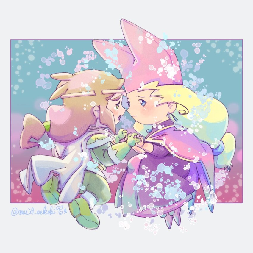 1boy 1girl blonde_hair blue_eyes blush bright_pupils bubble cape dress eye_contact full_body gloves green_eyes green_gloves green_pants green_shirt green_shoes hat highres holding_hands long_dress long_hair looking_at_another mushi_(musi9_oekaki) narcia open_mouth orange_hair pants pietro_pakapuka pink_cape pink_hat pink_shoes popolocrois_monogatari_2 purple_dress sad scene_reference shirt shoes thick_eyebrows twitter_username white_background white_cape white_pupils