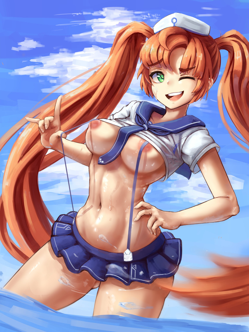 1girl absurdres bad_id bad_pixiv_id breasts brown_hair cloud green_eyes greentree hat highres large_breasts last_origin long_hair looking_at_viewer m/ navel nereid_(last_origin) nipples one_eye_closed open_mouth orange_hair outdoors pleated_skirt sailor_collar sailor_hat skirt sky smile solo suspender_skirt suspenders suspenders_gap twintails very_long_hair wading water