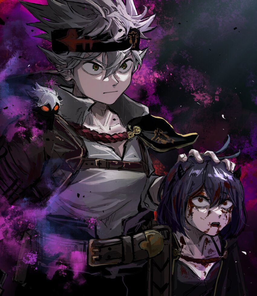 absurdres ahoge antenna_hair asta_(black_clover) black_bulls_(emblem) black_capelet black_clover black_dress black_hair black_headband blood capelet closed_mouth collared_shirt dress green_eyes grey_hair hair_between_eyes hand_on_another&#039;s_head headband highres liebe_(black_clover) long_bangs looking_at_another poonwip red_eyes secre_swallowtail shirt spiked_hair white_shirt