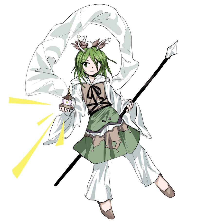 1other alternate_color amanomori_shou androgynous antennae bishamonten&#039;s_pagoda bishamonten&#039;s_spear black_bow black_bowtie bow bowtie brown_footwear brown_vest closed_mouth commentary_request cosplay flower_hat full_body gem green_eyes green_hair green_skirt hair_ornament high_heels highres holding holding_gem holding_polearm holding_weapon hood hood_down korean_commentary len&#039;en long_sleeves medium_hair messy_hair notice_lines pants polearm pumps shawl shirt skirt smile toramaru_shou toramaru_shou_(cosplay) touhou v-shaped_eyebrows vest waiwa_way weapon white_background white_pants white_shirt wide_sleeves