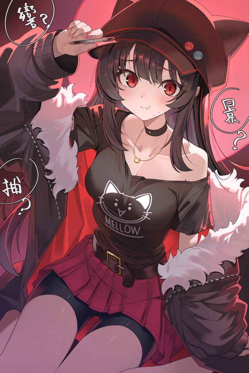 1girl absurdres animal_hat backlighting belt black_belt black_choker black_hair black_hat black_shirt black_shorts blush breasts cat_hat cat_necklace choker cleavage collarbone commentary fang fur-trimmed_jacket fur_trim furrowed_brow gradient_background hand_up hat highres holding holding_pen jacket jewelry long_sleeves looking_at_viewer medium_breasts mellow_kaede nail_polish necklace original pen pink_nails red_skirt red_trim shirt shirt_tucked_in shorts shorts_under_skirt single_bare_shoulder sitting skin_fang skirt solo sweat thighs two-sided_fabric two-sided_jacket wariza