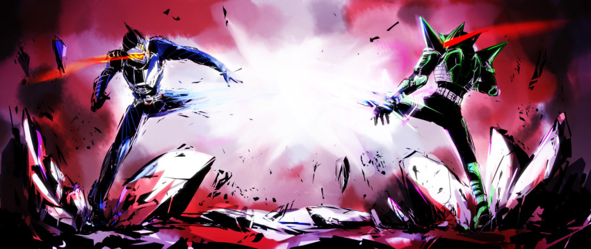 2boys armor battle belt glowing glowing_eyes helmet horns kamen_rider kamen_rider_accel kamen_rider_kabuto_(series) kamen_rider_kick_hopper kamen_rider_w kaoru348 kicking motion_lines multiple_boys red_eyes single_horn sketch speed_lines spikes