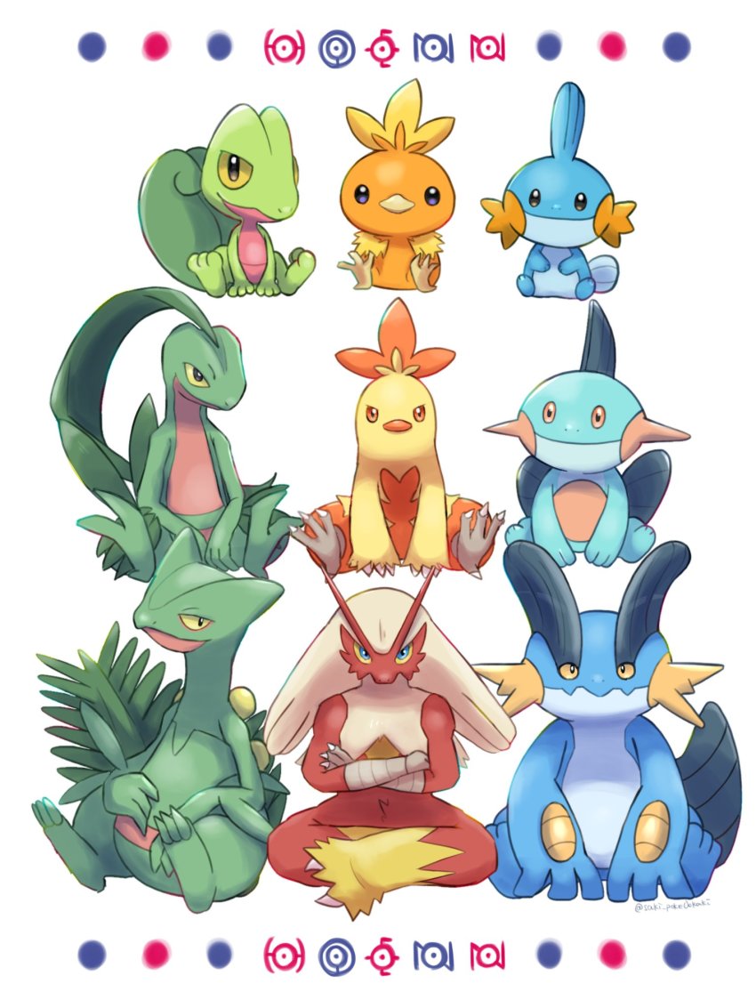 artist_name blaziken blue_eyes combusken commentary_request creatures_(company) crossed_arms game_freak gen_2_pokemon gen_3_pokemon grovyle highres looking_at_viewer marshtomp mudkip nintendo no_humans orange_eyes pokemon pokemon_(creature) saki_pokeoekaki sceptile simple_background sitting slit_pupils swampert torchic treecko twitter_username unown unown_e unown_h unown_n unown_o white_background yellow_eyes