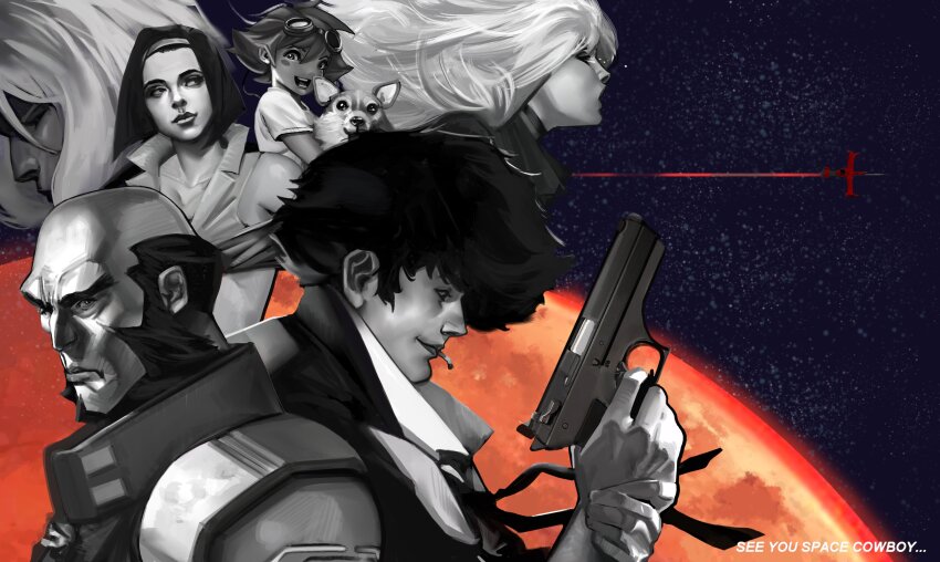 3boys 3girls absurdres bald cigarette collarbone commentary cowboy_bebop dog edward_wong_hau_pepelu_tivrusky_iv ein_(cowboy_bebop) english_commentary faye_valentine frown goggles goggles_on_head gun hair_behind_ear handgun highres holding holding_gun holding_weapon jacket jet_black julia_(cowboy_bebop) looking_at_viewer mars_(planet) mirco_pierfederici mouth_hold multiple_boys multiple_girls necktie open_mouth short_hair smile space spike_spiegel star_(symbol) v-shaped_eyebrows vicious_(cowboy_bebop) weapon