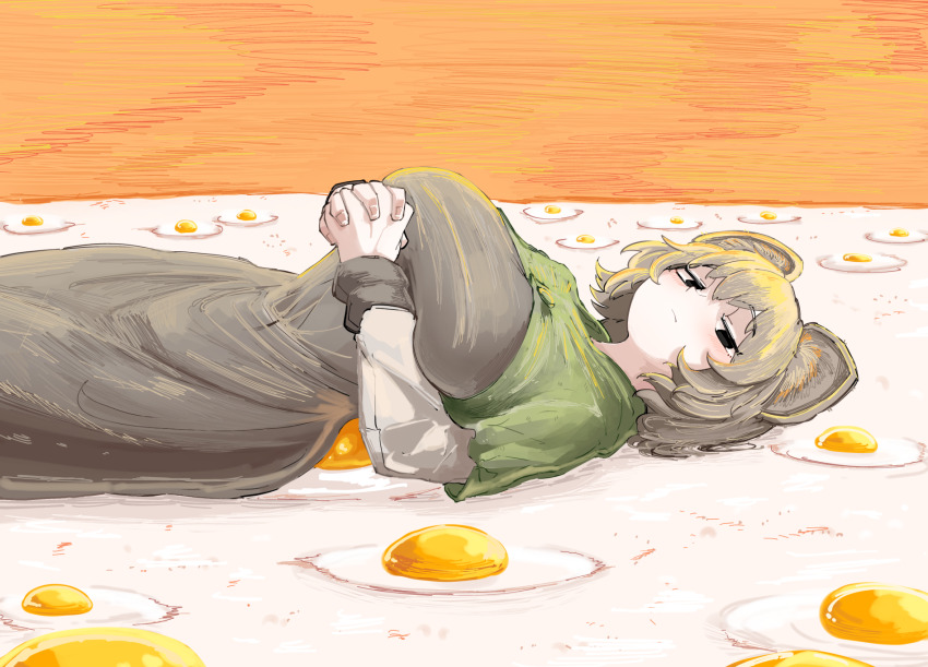 1girl animal_ear_fluff animal_ears arms_under_breasts black_eyes breasts capelet closed_mouth colored_skin commentary_request cookie_(touhou) cowboy_shot dress empty_eyes expressionless fried_egg green_capelet grey_dress grey_hair highres interlocked_fingers large_breasts long_sleeves looking_at_viewer looking_to_the_side lying mouse_ears mouse_girl nazrin nyon_(cookie) odoro_(nicoseiga81184094) on_back short_hair solo touhou white_skin