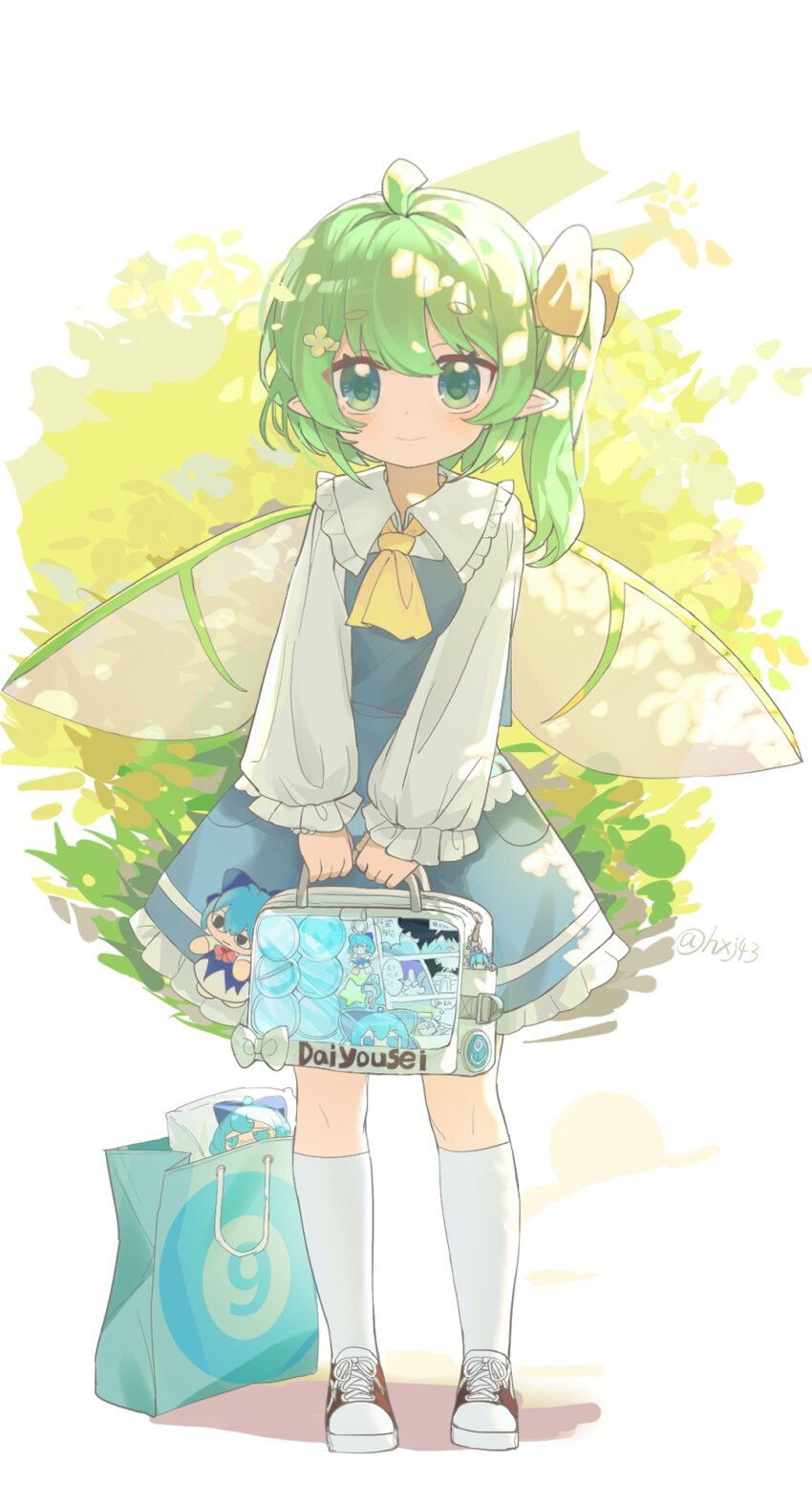 1girl ascot bag blue_skirt blue_vest bow character_charm charm_(object) circled_9 cirno closed_mouth collared_shirt daiyousei fairy_wings frilled_shirt_collar frilled_skirt frills full_body green_eyes green_hair hair_bow hashtag-only_commentary highres holding holding_bag hxj_(2324184595) kneehighs light_smile long_sleeves looking_at_viewer one_side_up pointy_ears shirt shoes skirt socks solo touhou vest white_shirt white_socks wings yellow_ascot yellow_bow