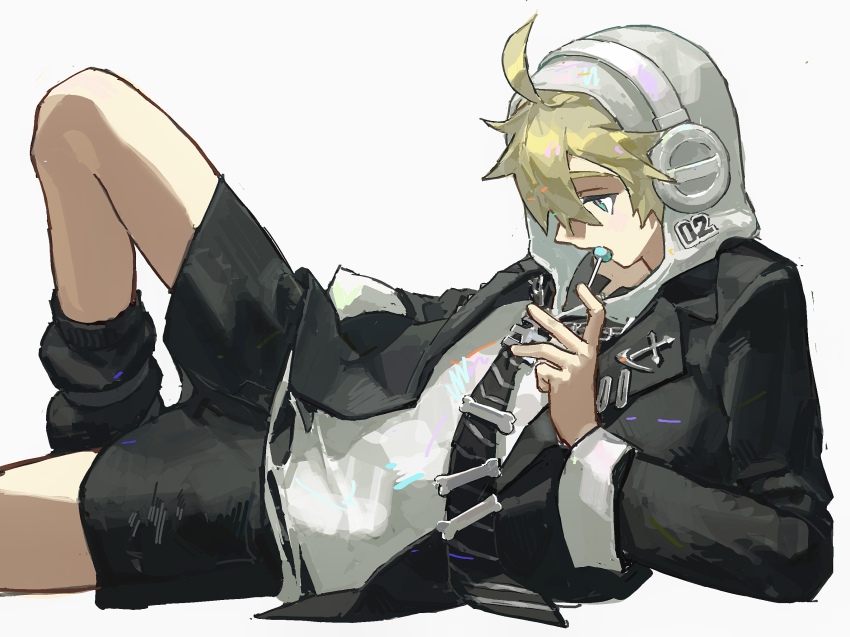 1boy ahoge black_jacket black_leg_warmers black_necktie black_shorts blonde_hair bone_ornament candy chinese_commentary commentary_request food green_eyes headphones highres hood hood_up hoodie iuew jacket jacket_over_hoodie kagamine_len lapels leg_warmers lollipop long_sleeves lying male_focus necktie notched_lapels on_side open_clothes open_jacket short_hair shorts simple_background solo striped_necktie vocaloid white_background white_hoodie