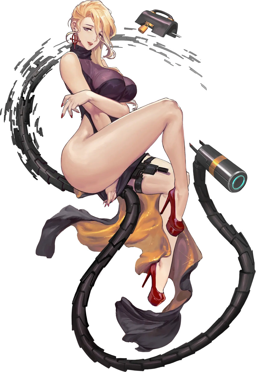 1girl amy_razor bag bare_arms bare_legs bare_shoulders blonde_hair breasts clothes_between_thighs dress earrings full_body game_cg gun handbag handgun high_heels highres jewelry large_breasts last_origin lock long_dress long_hair looking_at_viewer mechanical_arms mechabare nail_polish official_art purple_eyes red_nails rorobomb side_slit solo tachi-e thighs transparent_background turtleneck turtleneck_dress weapon wide_hips