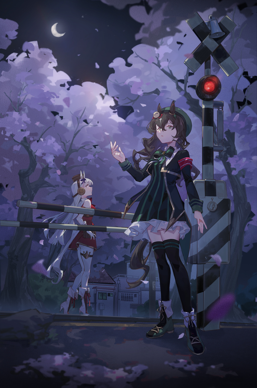 2girls absurdres animal_ears armband beret black_dress black_jacket black_thighhighs boots borrowed_character bow bowtie breasts brown_hair brown_headwear building bush crescent_moon dress gintama gloves gold_ship_(umamusume) green_eyes green_headwear grey_hair hand_on_own_hip hand_up hat highres horse_ears horse_girl horse_tail jacket just_a_way_(racehorse) justaway long_hair long_sleeves looking_up mie_lu moon multiple_girls night open_clothes open_jacket original outdoors pants personification petals railroad_crossing small_breasts tail thighhighs tree umamusume white_gloves white_pants