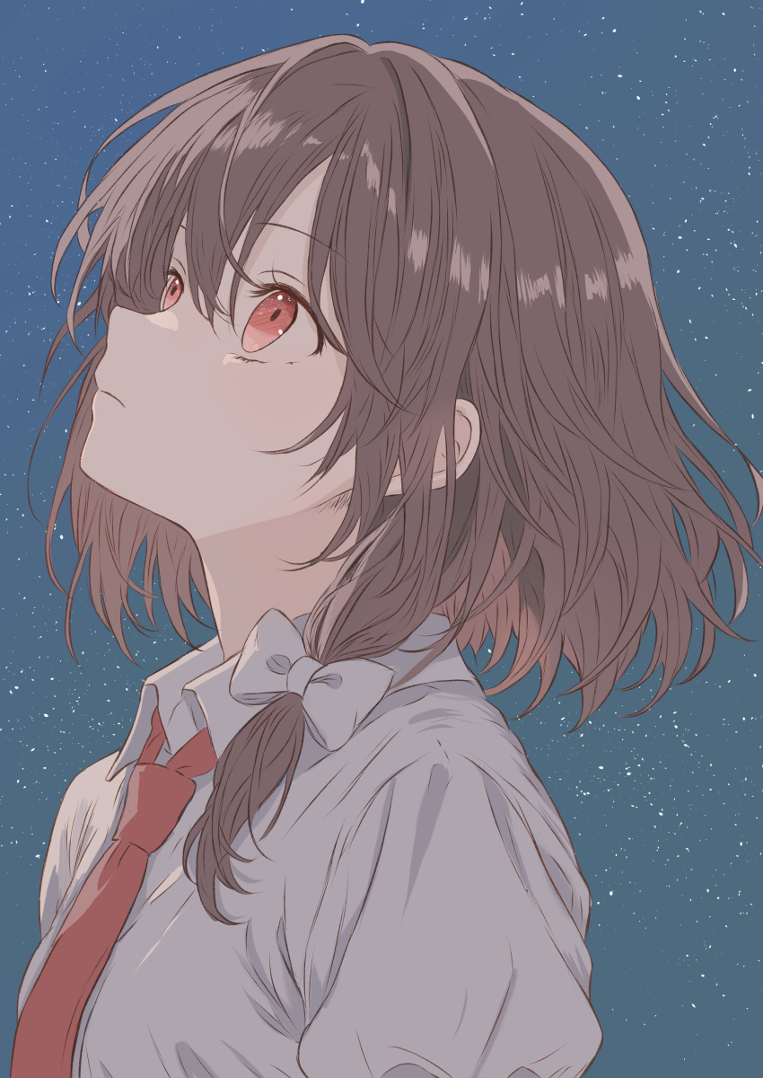 1girl absurdres bow brown_hair closed_mouth collared_shirt commentary_request hair_bow highres iris-san light_frown looking_to_the_side looking_up medium_hair necktie night night_sky no_headwear outdoors red_eyes shirt sky solo touhou upper_body usami_renko white_bow white_shirt