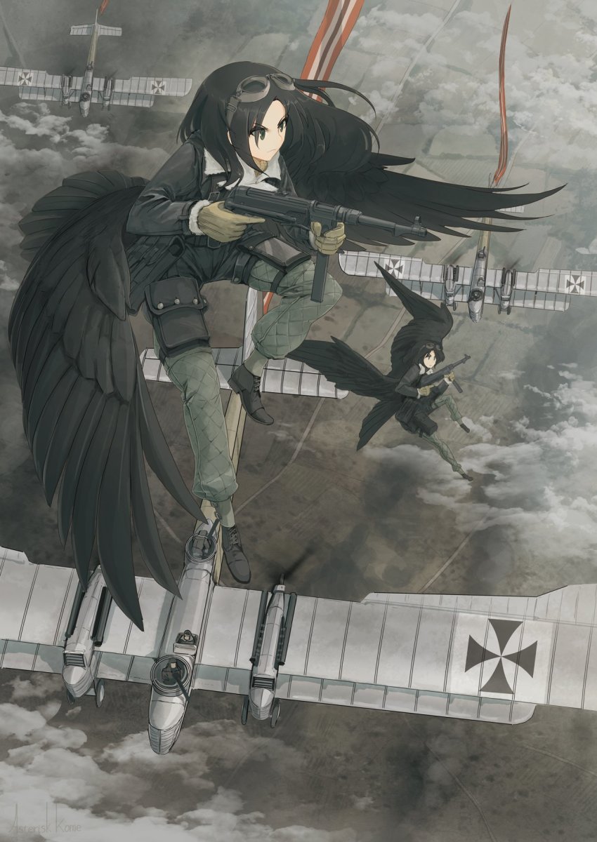 2girls aircraft airplane asterisk_kome belt_pouch black_footwear black_hair black_jacket black_wings bomber_jacket brown_gloves cloud cross feathered_wings flying full_body gloves goggles goggles_on_head green_pants gun highres holding holding_weapon iron_cross jacket laura_jumo long_hair mp40 multiple_girls pants pouch submachine_gun weapon winged_fusiliers wings