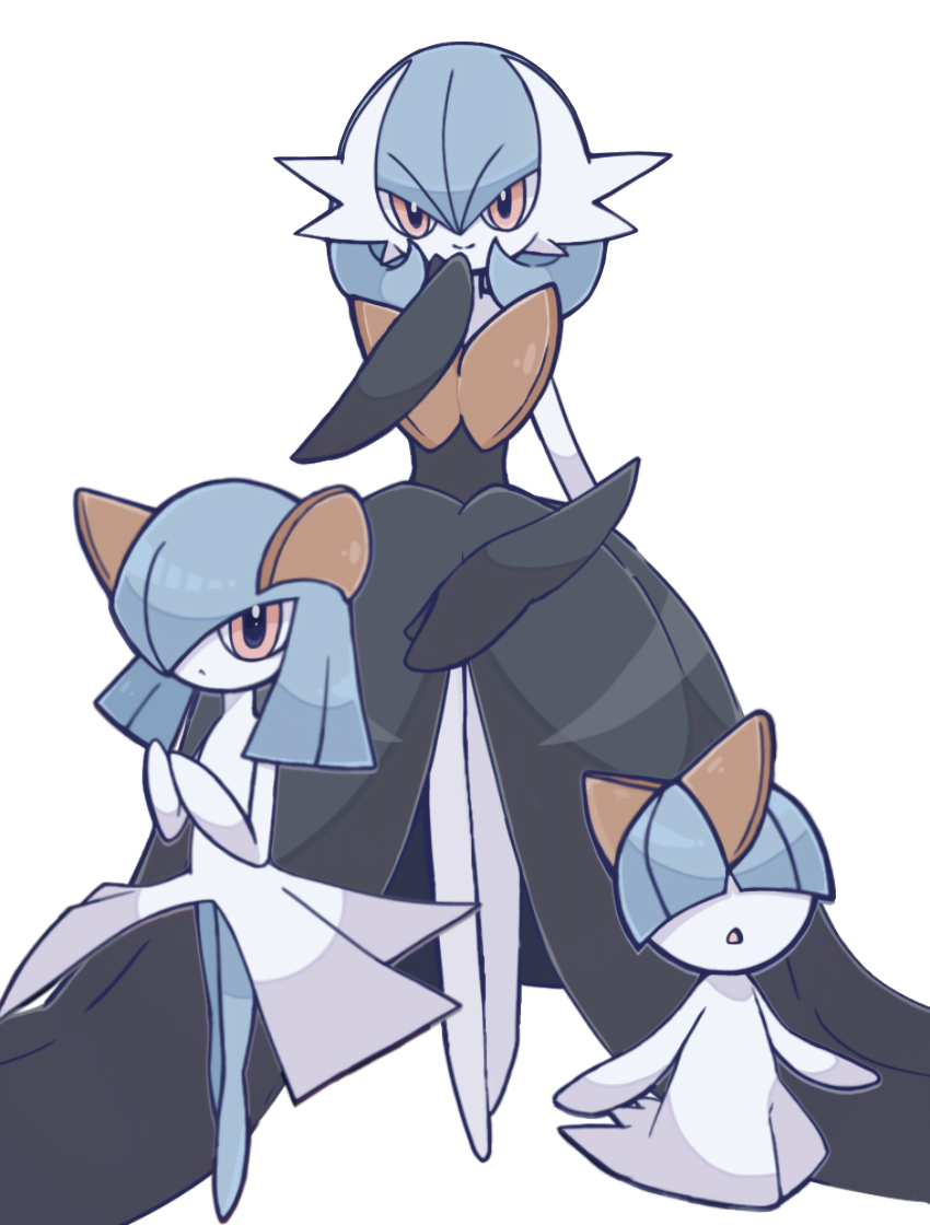 1other 2girls alternate_color black_dress blue_hair blue_skin blunt_bangs bob_cut bowl_cut closed_mouth colored_skin covered_eyes dot_mouth dress elbow_gloves evolutionary_line flat_chest full_body gardevoir gen_3_pokemon gloves hair_between_eyes hair_over_eyes hair_over_one_eye hand_to_own_mouth hand_up hands_up happy kirlia legs_together long_dress looking_at_viewer medium_hair mega_gardevoir mega_pokemon multicolored_skin multiple_girls nintendo one_eye_covered open_mouth orange_eyes own_hands_together pokemon pokemon_(creature) ralts shiny_pokemon short_hair sidelocks simple_background smile split_mouth standing suzu_(pixiv_32232702) two-tone_skin white_background white_skin