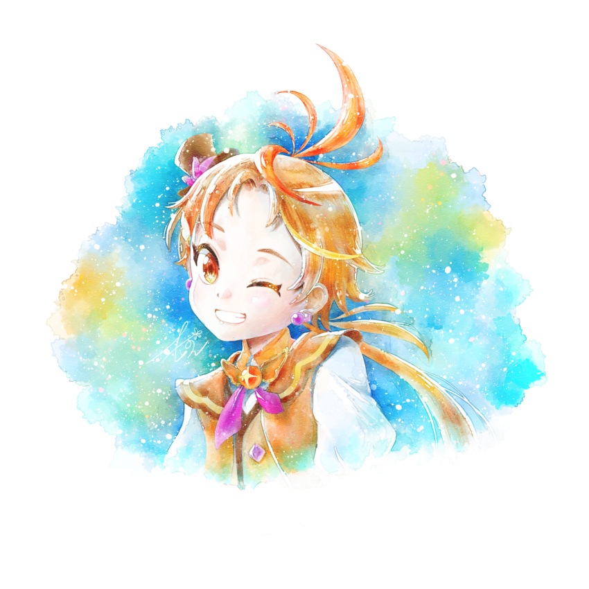 1boy ;) antenna_hair artist_name black_hat brooch colorful_background commentary cure_wing earrings english_commentary grin hat highres hirogaru_sky!_precure huiyuan jacket jewelry light_particles long_hair low_ponytail magical_boy male_focus mini_hat mini_top_hat mixed-language_commentary one_eye_closed orange_hair orange_jacket ponytail portrait precure red_eyes signature smile solo tilted_headwear top_hat wing_brooch yuunagi_tsubasa