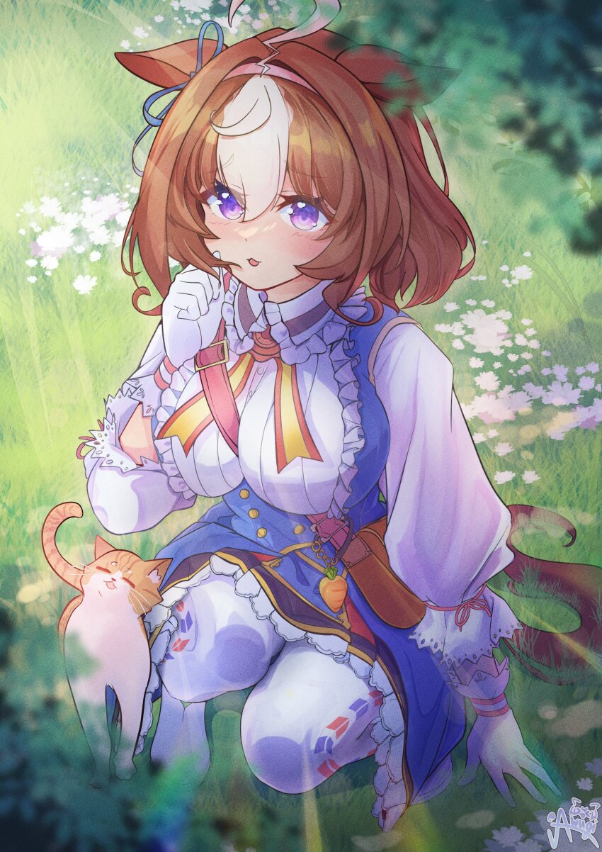 1girl absurdres ahoge animal_ears awooogie bag between_breasts blue_dress blush bow breasts brown_hair cat double-parted_bangs dress ear_ribbon flower gloves grass hair_between_eyes hairband headband highres horse_ears horse_girl horse_tail large_breasts long_sleeves looking_at_viewer medium_hair meisho_doto_(turbulent_blue)_(umamusume) meisho_doto_(umamusume) meto_(cat) multicolored_hair open_mouth pantyhose pink_hairband pink_headband purple_eyes short_hair shoulder_bag smile strap_between_breasts tail two-tone_hair umamusume white_dress white_gloves white_hair white_pantyhose