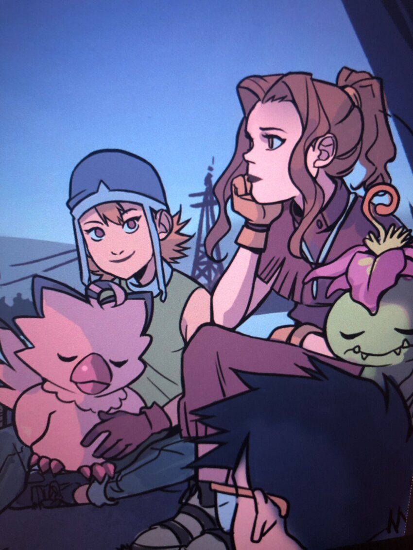 1boy 2girls blue_sky brown_eyes brown_hair cheek_rest closed_eyes commentary digimon digimon_(creature) digimon_adventure english_commentary gabriel_picolo glasses gloves green_shirt hair_tie hat highres hood kido_jo light_brown_hair looking_ahead looking_at_viewer multiple_girls palmon piyomon ponytail sandals shirt short_hair sidelocks sky sleeping sleeveless sleeveless_shirt smile tachikawa_mimi takenouchi_sora
